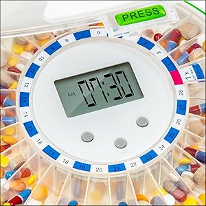 Automatic Pill Dispenser With 28-Day Electronic Medication Organizer, 6 Dosage Templates, Easy-Read LCD Display, Sound & Light Alerts & Key For Prescriptions, Vitamins, Supplements & More