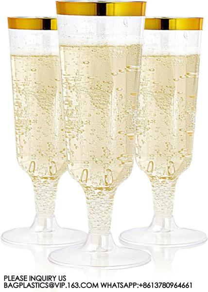 Gold Rim Plastic Champagne Glasses Perfect For Wedding, Thanksgiving Day, Christmas Champagne Flutes Disposable