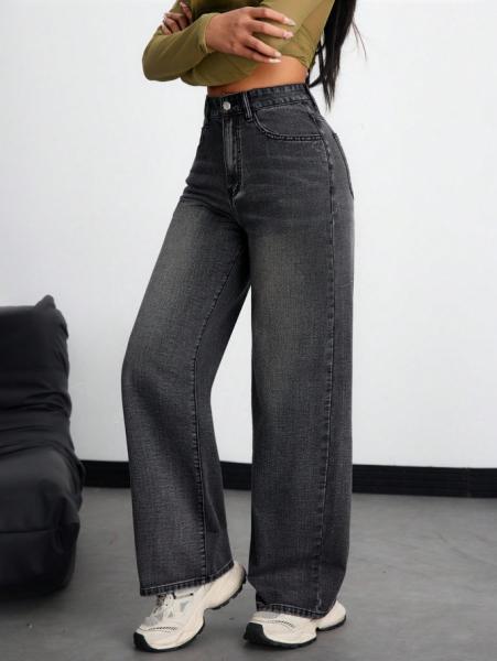 Inky gray high-waisted straight-leg jeans for women