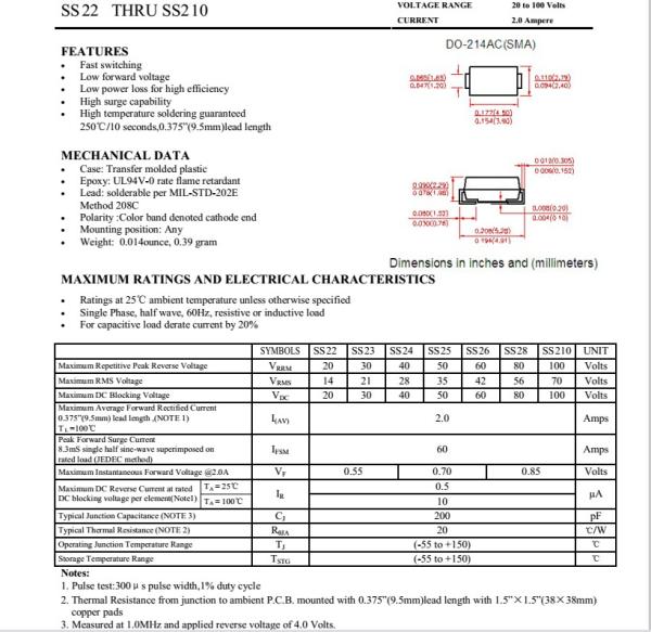 2A Schottky Barrier Rectifier Ss22 Thru Ss220 SMA/Do-214AC Package