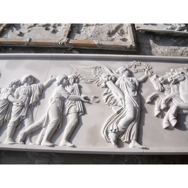 White marble relief carved by hand/ War horse stone relief
