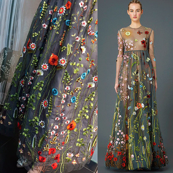 Tulle colorida francesa bordó la tela nupcial del cordón para el vestido de noche con las flores 3D