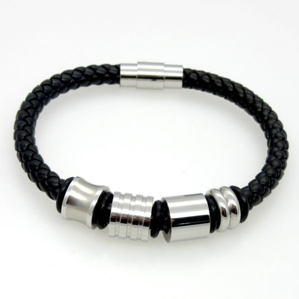 Men PU Titanium Wristband Wrap Wide Braided Steel Leather Hand Bands Bangle Bracelets