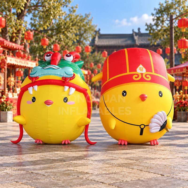 Custom Inflatable Yellow Chick Mascots with Lion Dance Hood and Red Hat Designs for Festivals and Mall Promotions