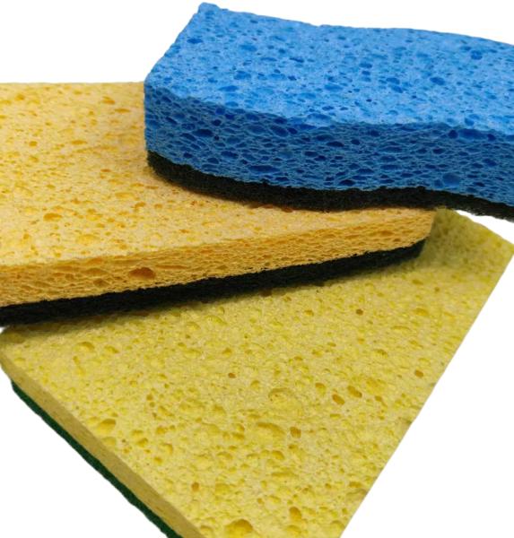 Biodegradable Wood Pulp Sponge Cloth Blue Yellow Compostable