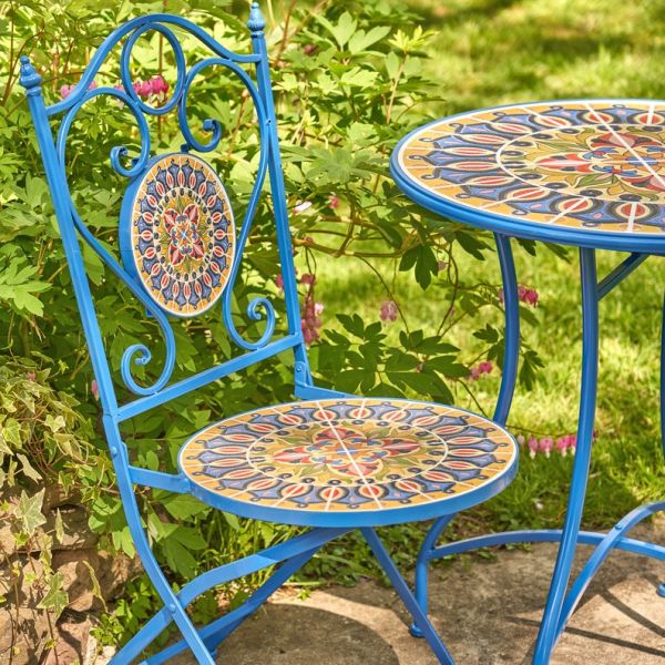Iron Crafts Mosaic Bistro Set 3pcs Balcony Set with Foldable Table and Chair by AJUNION