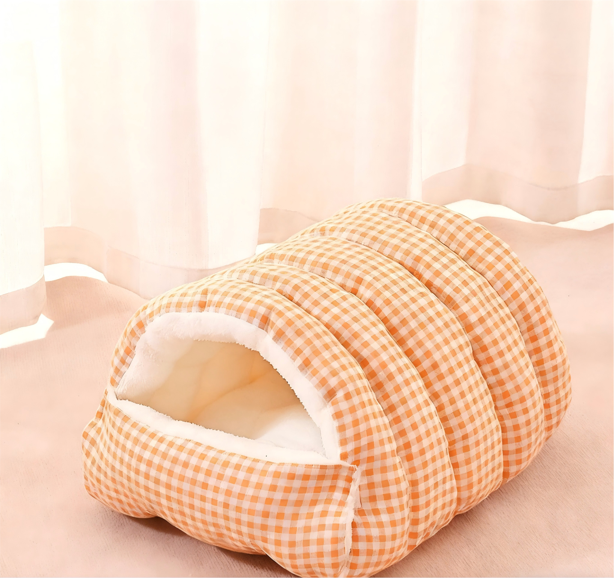 Enclosed Wool Pet Bed Soft Cat Bed with Plush Lining Removable & Washable Cozy Resting Space Checkered Design