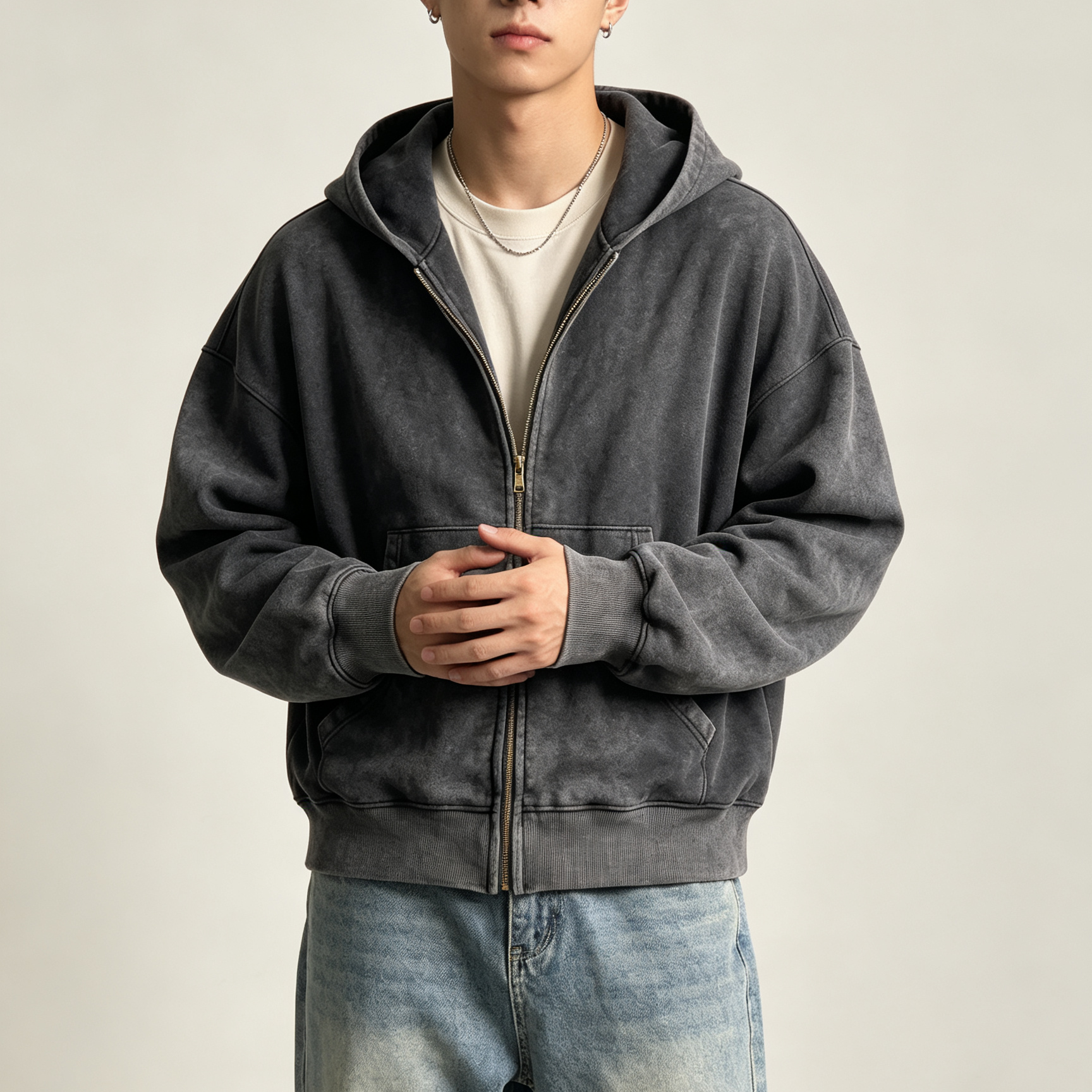 Vintage Acid Wash Men's Heavyweight Hoodie Full Zip Vintage Streetwear Hoodie Cursive Embroidery