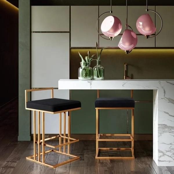 Modern brushed brass gold stainless steel counter stool velvet upholster barstool for cafe bar