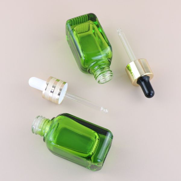15ml 30ml 50ml Unique Green Square Glass Bottle Cosmetic Oil Glass Dropper Bottles Sealing Type Dropper Industrial Cosmetic