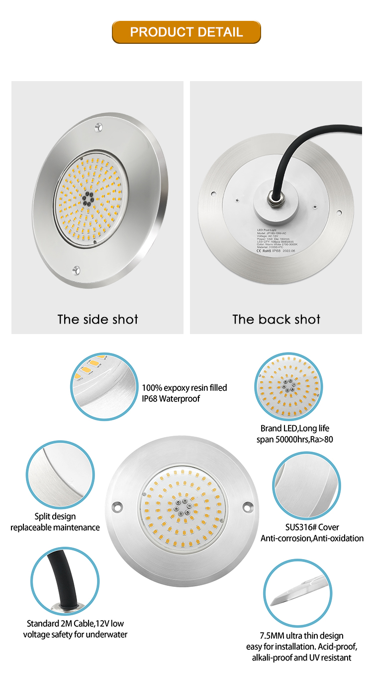 водонепроницаемый PAR56 светодиодный бассейн 316 SS ABS корпус сверхтонкий 7,5 мм смолой заполненная стена Монтируется 230MM 18W 25W DC AC12V