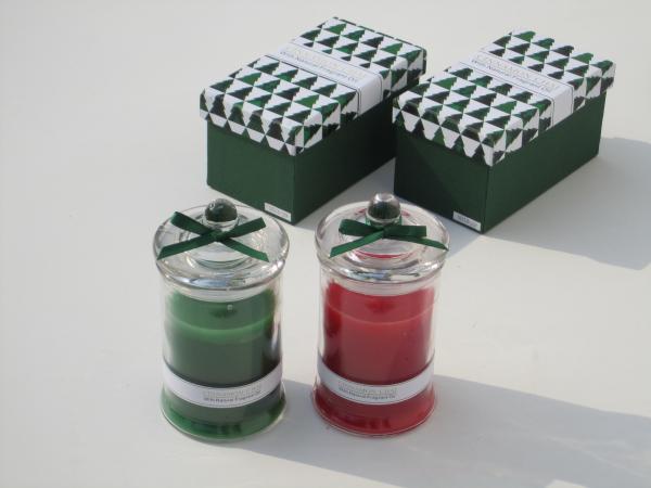 Red & Green scented glass candle with printed label,ribbon decor and packed into gift box