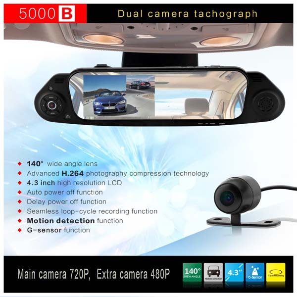 5000B Car DVR 4.3''1080P FHD Rearview mirror car video recorder 140 degree wide