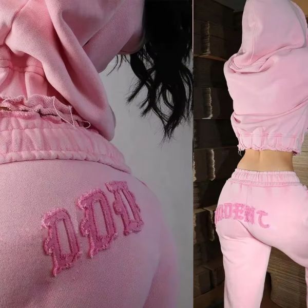 New Street Wear Custom Patch Embroidery Acid Washed Cropped Oversized Distressed Zip up Hoodie 2 Piece Set Joggers Womens