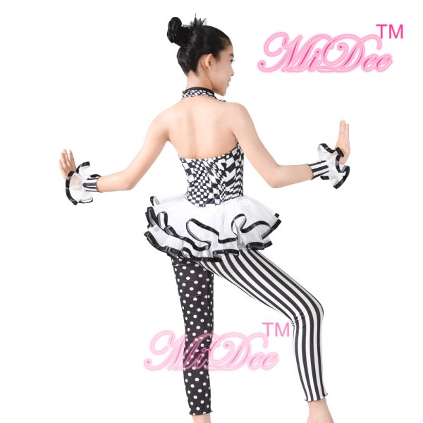 Sleeveless Hip Hop Dance Costumes Halter Black / White Print Dance Unitard Outfits