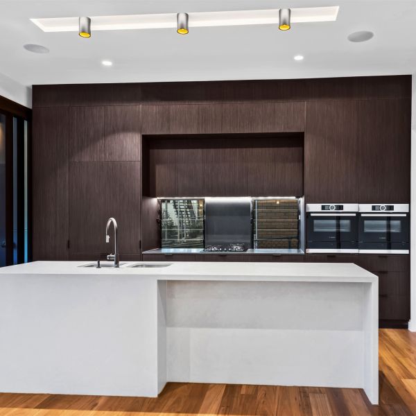 Luxury Melamine Kitchen Cabinet Brown Wood Grain Door Table Island