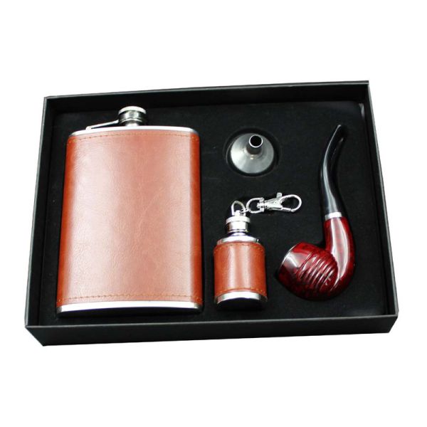 Portable Kitchen Household Items 9 Oz  Leather Hip Flask Business Gift Pipe Set