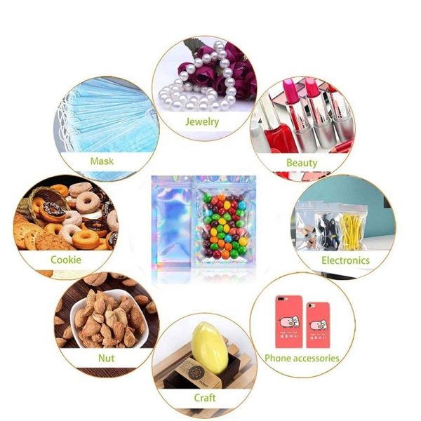 Zipper Top Customized Size Rainbow Holographic Stand Pouch Biodegradable Mylar Plastic Packaging Smell Proof Food Safe