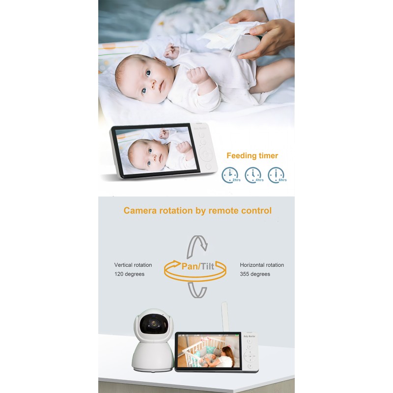 Smart Baby Pet Monitor PTZ Camera 5.0 Inch Screen Big Battery Sleep IR Night Vision Two-Way Audio Music Talk-Back