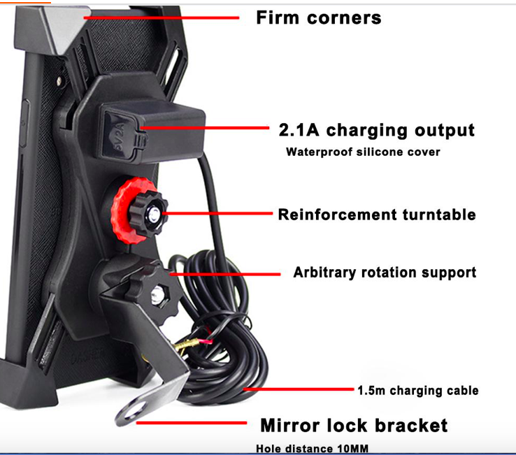 Telescopic Waterproof Bike Phone Stand , 5V 2A Phone Holder For Motorcycle