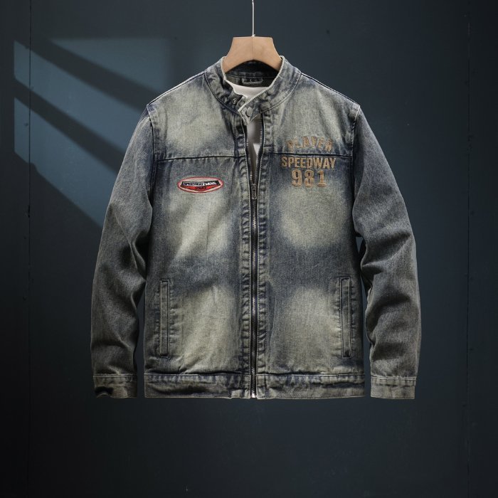 Washed Fabric Hem Embroidered mens denim jacket wholesale Solid Color Long Sleeve Custom (JK539)