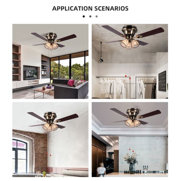 Minimalist Style Antique Brass Crystal Led Ceiling Fan 100lm/w 48inch 4 Blades