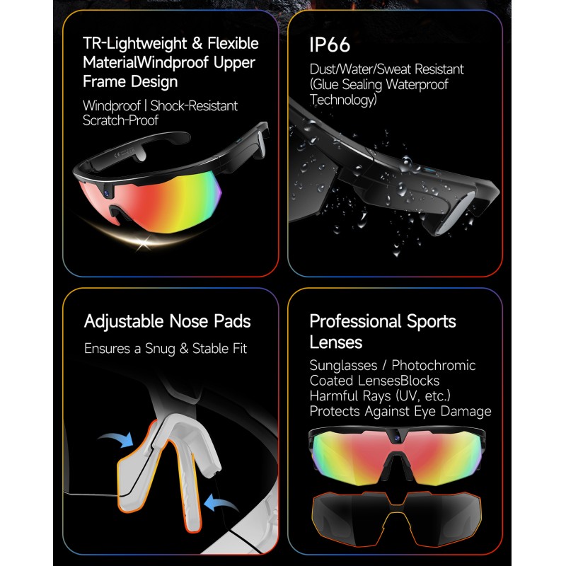 W640 AI Smart Glasses for Cycling Running & Driving-1080P Camera Voice & App Control IP66 Waterproof Magnetic Charging