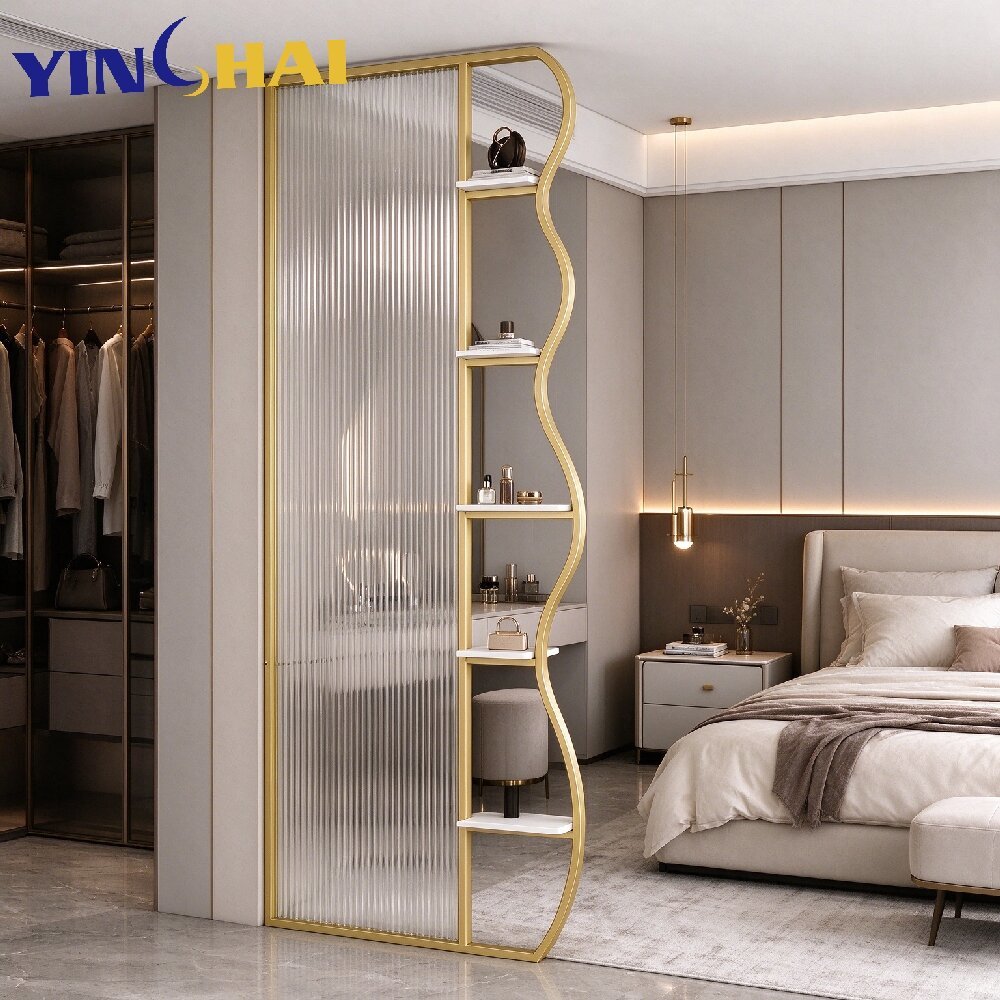 Stainless Steel Wave Shape Display Shelf Room Dividers With Fluted Tempered Glass