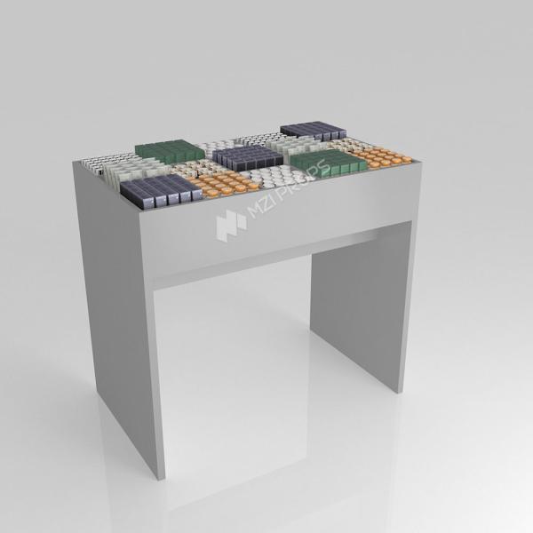 Retail Display Cabinet Grey Wooden Sample Island For Customized Store Fixtures And Cost-Effective Shop Counter