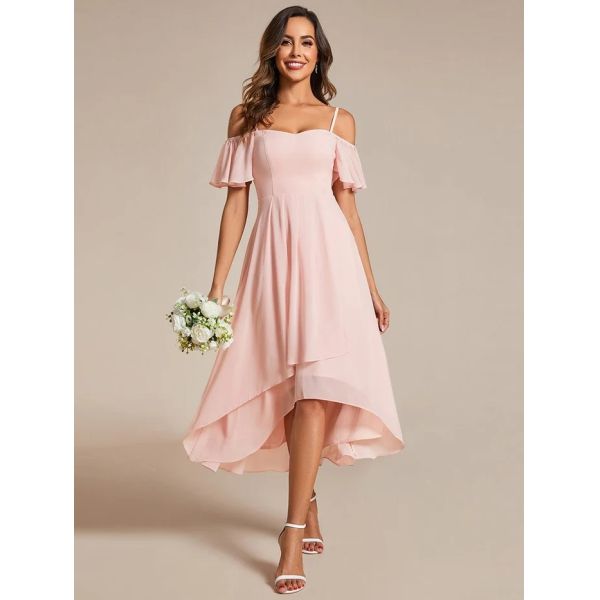 Empire Off-shoulder Spaghetti Strap Zipper High-low Wedding Guest Dresses Short Sleeves Pink Chiffon Bridesmaid Dress