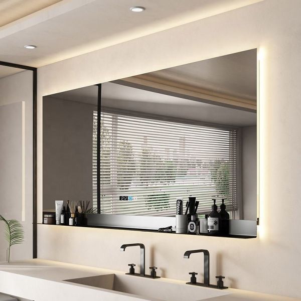 Kingstin Frameless Bathroom Mirror with Aluminum Shelf Wall Mounted Vanity Mirror Custom Size Modern Minimalist