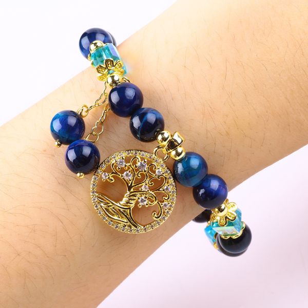 Healing Natural Crystal 8mm Rainbow Tiger Eye Tree Of Life Bead Bracelet For Daily Wear