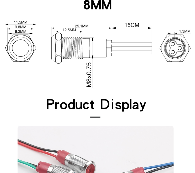 Metal Indicator Light 8mm LED With Wire Power Signal Light Waterproof Indicator Light 6V 24V 220V Red Green Yellow Blue