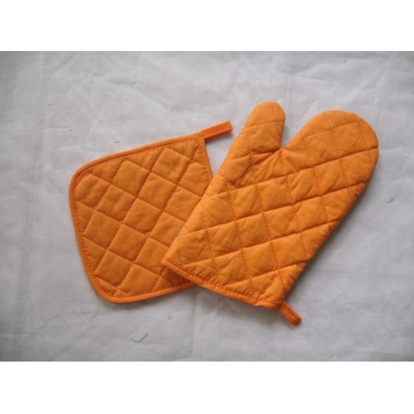 Cotton Fabric Microwave Oven Glove And Pot Holder Set Green Orange Black Colors