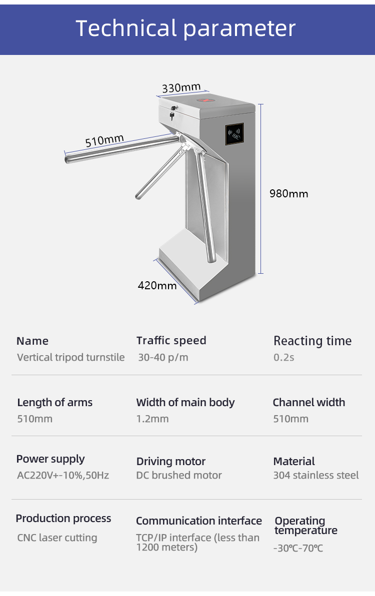 Lane Width 550mm Electronic Train Station Turnstile Gates 30-40 Persons/Min