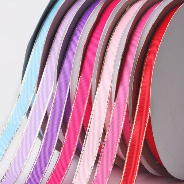 100% Polyester Double Face Metallic Gold Edge Grosgrain Ribbon for Flower Arrangement