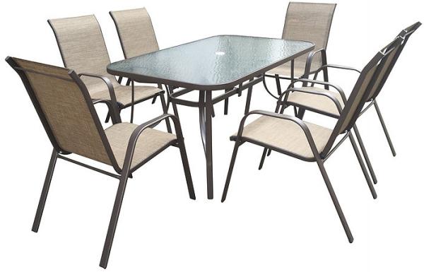 Steel P Leg Garden Glass Table And Txetilene Stacking Chairs 7 Set