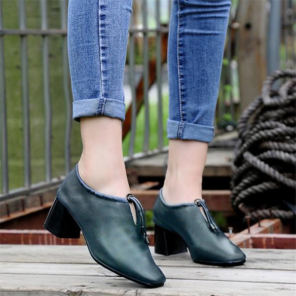 S017 Cowhide handmade new personality high heels leather single shoes thick heel ethnic women's shoes with cotton