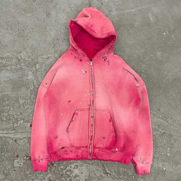 Acid Wash Zip Up Hoodie Mens Women'S 500gsm Blank Pink Acid Wash Vintage Ripped Hole Distressed