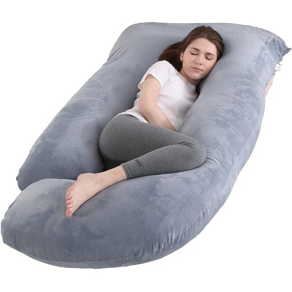 Grey Velvet Cover J Shaped Full Body Pregnancy Pillow for Home Decor Sofa Cushion