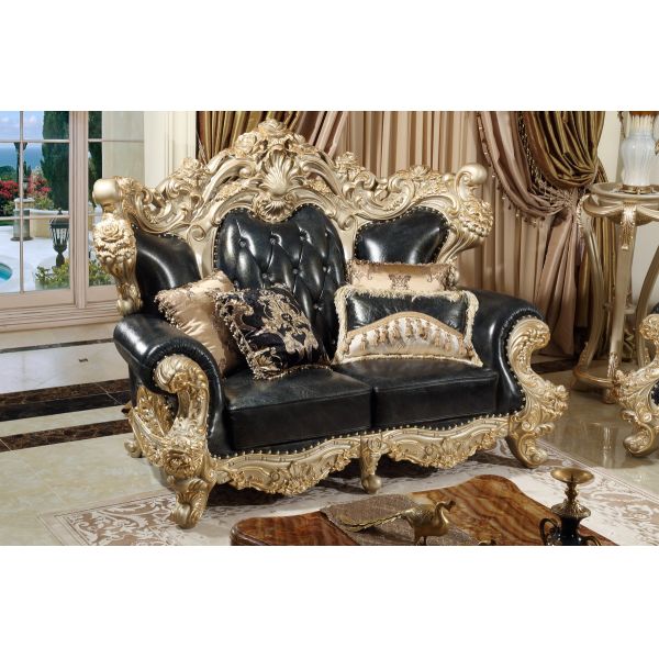 Luxury Leather Sofa set in Champagne Rose wood Hand carving by Joyful Ever Furniture
