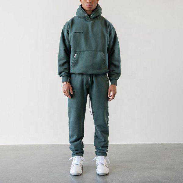 Custom Logo Cotton Vintage Elasticated Zip Pockets Washed Unisex Distressed Jogger Men Tracksuit Sweatsuit