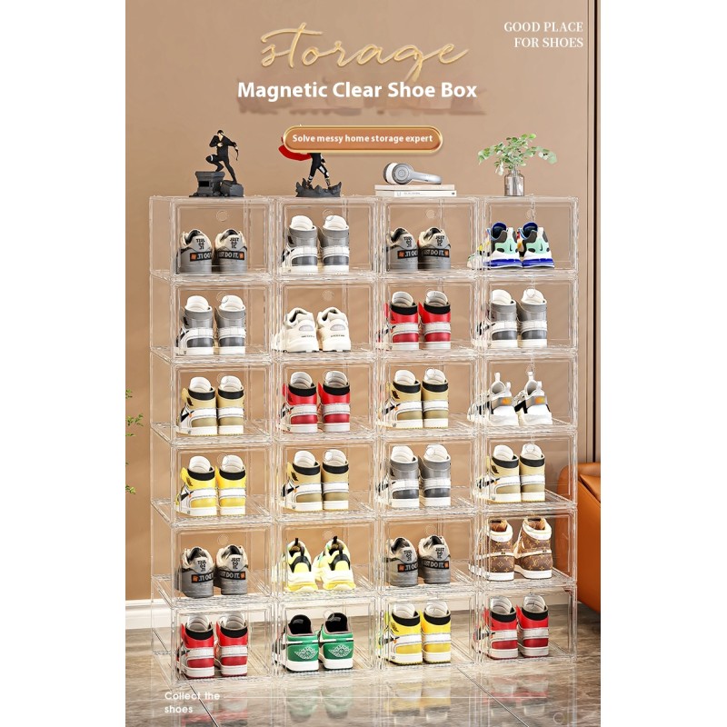 Large Capacity Transparent Plastic Shoe Box with Hard Case Modern Design Magnetic Suction Front Side Opening for Storage