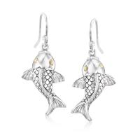 Pendientes del descenso de Sterling Silver Bali-Style Koi Fish con el oro amarillo 18kt