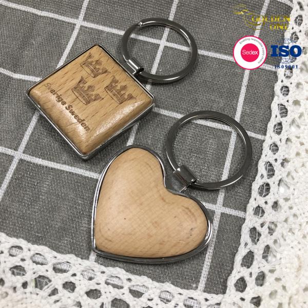 Hot Sale product Custom LoGO Pendant Rectangle Heart Square Round  Wood Blank Metal  Wooden Keychain with  chains