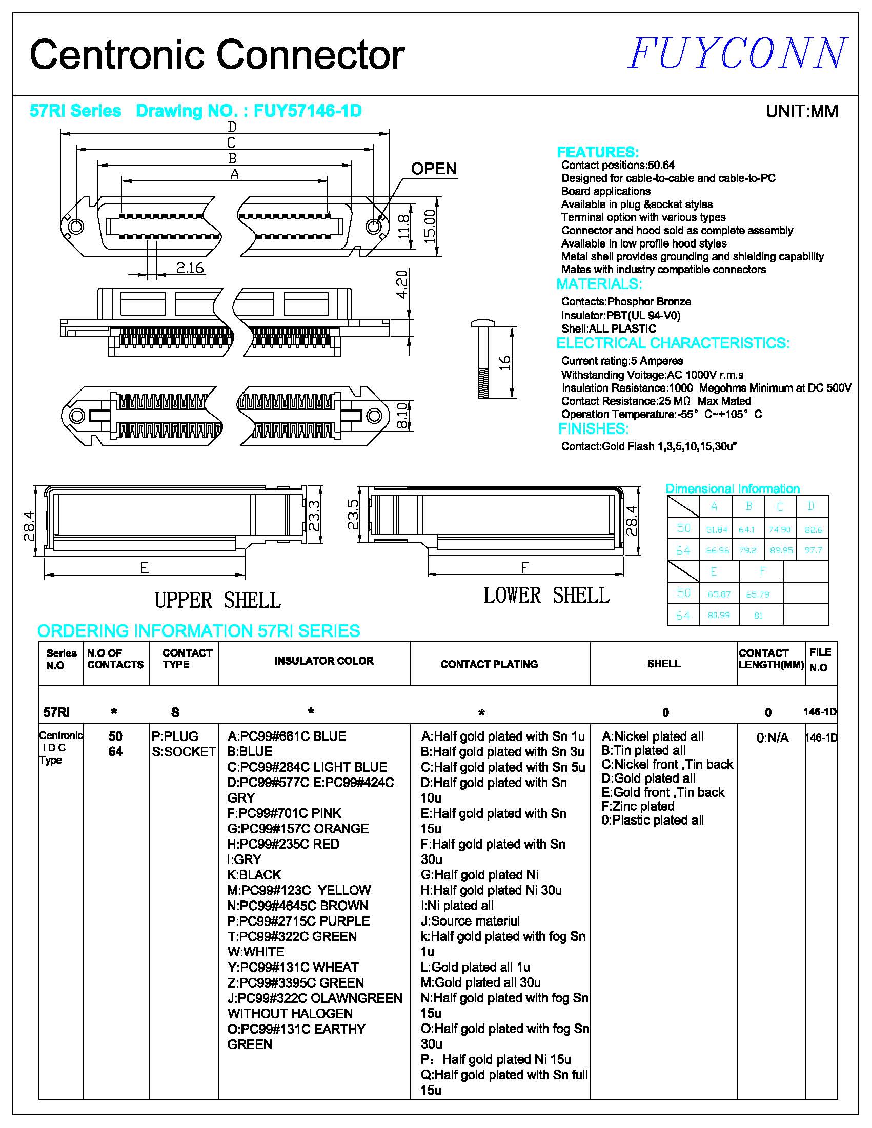 64 разъем-розетка входа стороны штепсельной вилки Pin IDC Centronics с пластиковой крышкой