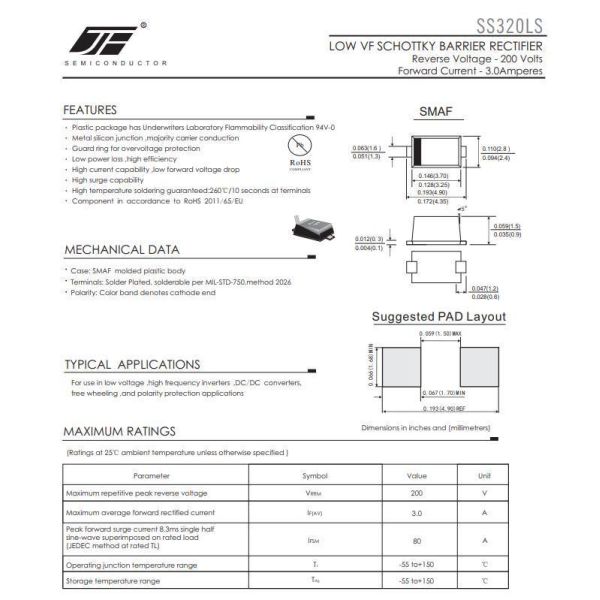 SMAF JF/SS34LS/SS36LS/SS38LS/SS310LS/SS315LS/SS320LS 3A Current Low Vf Schottky Diode