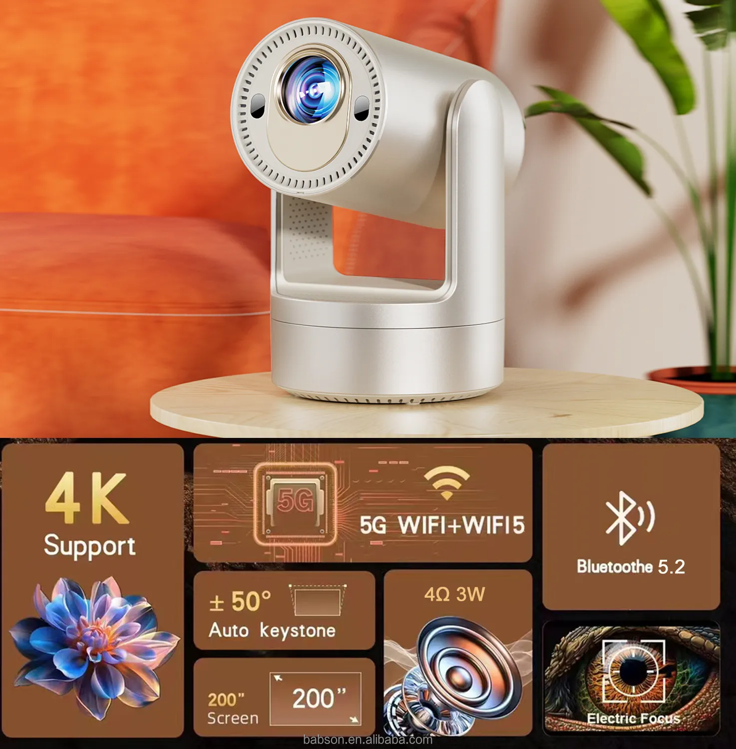 OEM Factory Rechargeable 5200mAh Android Smart Mini Projector BudPlus C2 Supports 4K Video & Auto Focus for Outdoor & Home Use