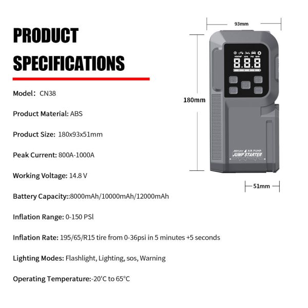 Vehicle 2 In 1 Jump Starter 12V Tire Inflator 141psi Portable Electric Handheld Air Pump Intelligent Air Pump
