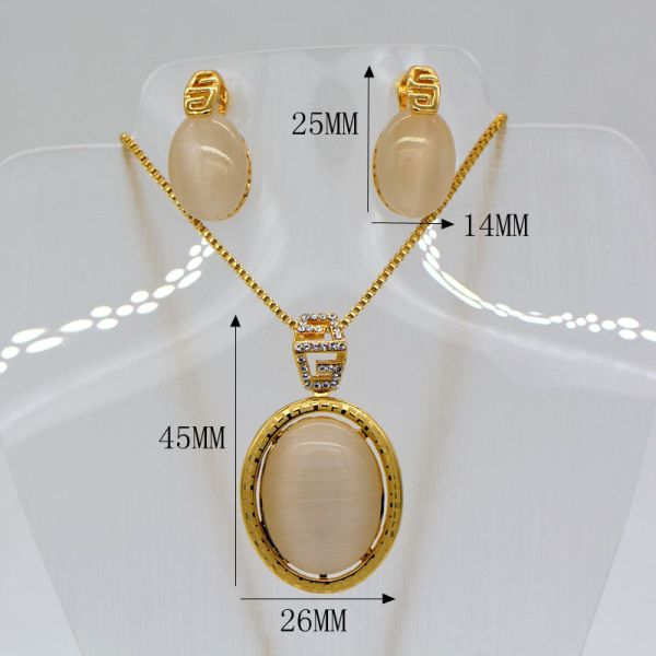 New Trendy Natural opal Necklace Set 18K Real Gold Plated Rhinestone Necklace Earrings